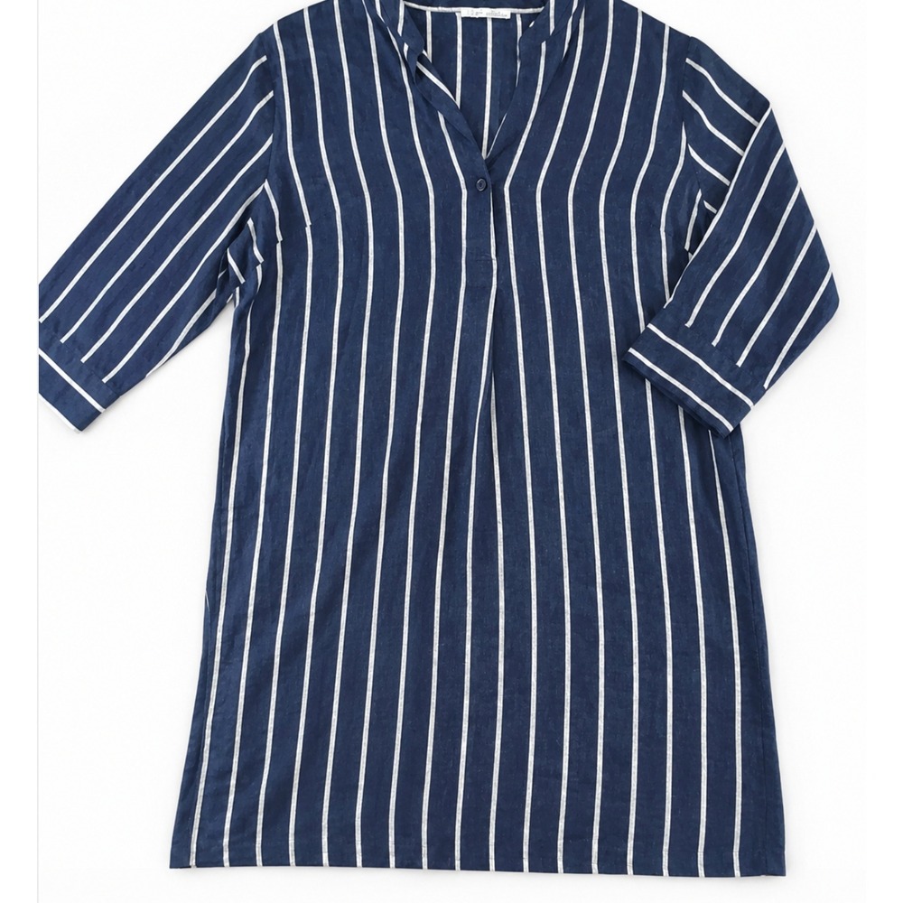 Dex Womens 1X Navy Blue White Striped 3/4 Sleeve V-Neck Tunic Shift Dress